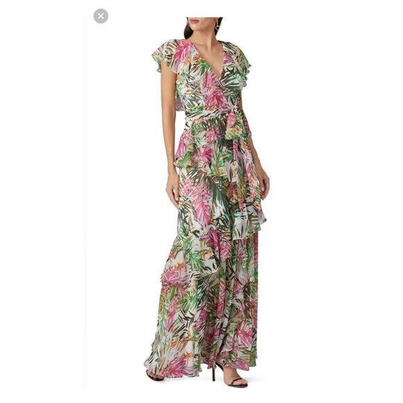 Badgley Mischka Palm Print Ruffle Pink Green Maxi Dress Size 4 - Picture 3 of 16